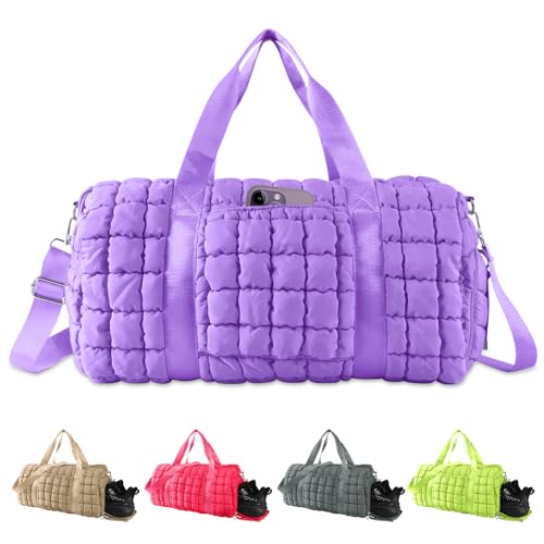 Image of Quilted Travel Duffle Bag Gym Bag for Women,Large Puffer Duffle Weekender Bag with Compartment,Workout Overnight Carry on Organizer Bag Duffle Bag for Airplane Travel(Purple)