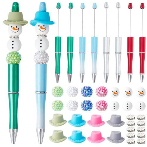 SUNNYCLUE DIY 8 Sets Christmas Bead Pens Kit Beaded Pen Set Winter Beadable Pens Christmas Snowman Hat Silicone Beads Rhinestone Spacer Bead Xmas Beads for Teachers Students Gifts Office School