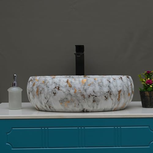 Image of Designer Glossy Finish Table Top Ceramic Wash Basin Vessel Sink | Collapsible Wash Basin (White-Gold - 20 x 14 x 5.5 Inch)