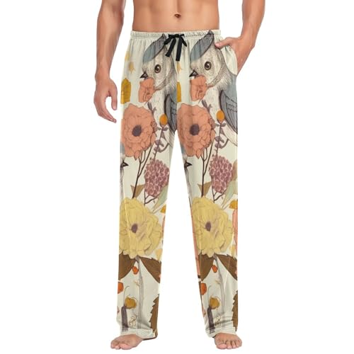Lounge Pajama Pants for Men Retro Birds Flowers Men's Sleep Bottoms Pants with Drawstring, S4