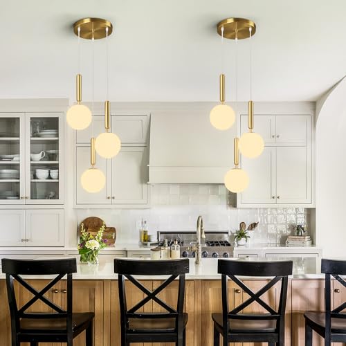 Image of Modern Gold Pendant Light Hanging Fixture Light for Kitchen Island Mid Century with Globe Pendant Light Milk White Glass Pendant Lighting for Living Room Bedroom Entryway (3 Lights)