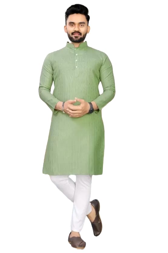 Men's Cotton Blend Foil Print Regular Fit Kurta Pajama Set (X-Small, Pista)-image-36