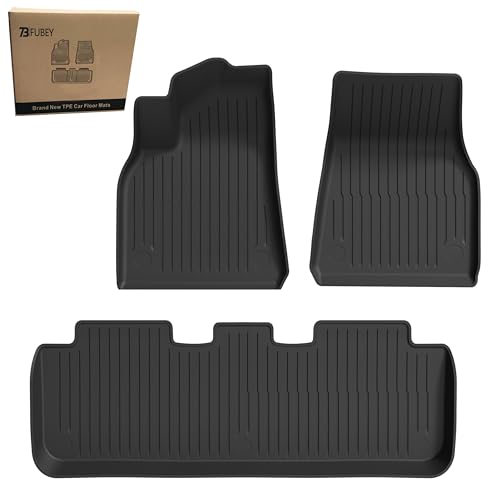 FUBEY Floor Mats for 2020-2024 Tesla Model Y 5-Seat 3 PCS Tesla Model Y Accseeories Front & Rear Set Precision Custom All-Weather TPE Waterproof Floor Liners