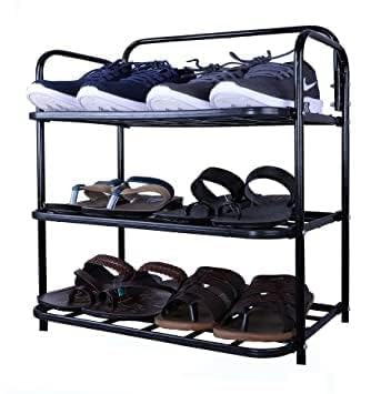 JK Enterprise Plastic Home & Office Utility Foldable Multipurpose Rack 3 Shelves, Shoe/Book Rack Metal Collapsible Shoe Stand for Home (Black, 3 Shelves)