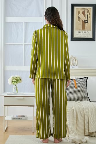 Image of YiNi LuLu Womens Silk Satin Pajamas Set Button Down 2 Piece Pjs Long Sleeve Oversized Sleepwear with Pockets