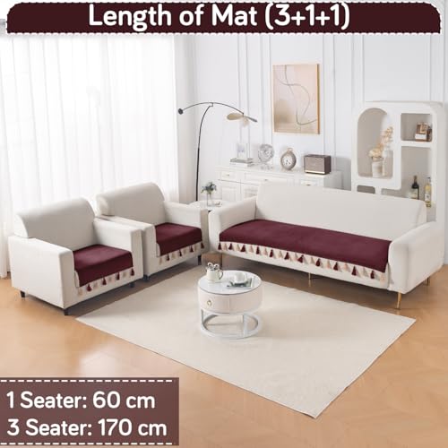 Image of HOKIPO 5 Seater Sofa Cover Mat with Tassel in 3+1+1 Configuration | Dyed Holland Velvet Fabric | 'TasselTone Series' | Wine Red (IN-1108+1104-MRN*2)