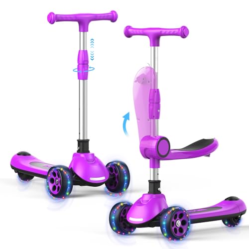 Kids Scooter,LED Lighted Wheels and 3 Adjustable Height Handlebars Scotters for Kids 3-12,3 Wheel 2-in-1 Toddler Kick Scotter for Boys & Girls up to 132 Lbs.