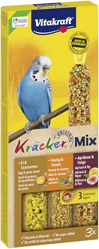 Vitakraft Kräcker Mix, Vogelsnack, Knabberstangen, mit Ei und Grassamen, mit Aprikose und Feige, mit Honig und Sesam, zur Schnabelpflege, ohne Zusatz von Zucker (10x 80g)