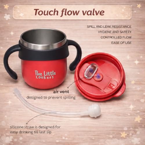 Image of THE LITTLE LOOKERS Stainless Steel Sipper Bottle 260ml | 316 Grade SS | BPA Free | Suitable for Hot & Cold | Travelling Bottle for Kids & Toddler | Training Sippy Cup with Straw /Spout (Red)