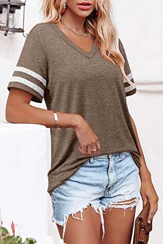 Angerella Khaki V Neck T Shirts For Women Short Sleeve Summer Tops Casual T-Shirts Loose Fit Xl #TOP2