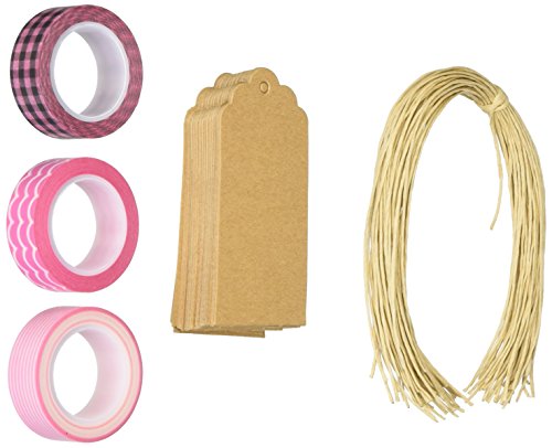 Wrapables 50 Scalloped Gift Tags/Kraft Hang Tags with Free Cut Strings & Set of 3 Washi Tape for Gifts, Crafts & Price Tags - Pink Pleasure