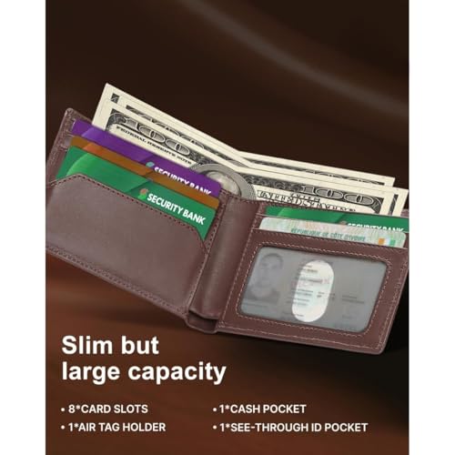 Genuine Leather Wallet for Men Slim Bifold with Built-in AirTag Holder RFID Blocking Design 8 Card Slots Minimalist Front Pocket Wallet Gift Box (Vintage Brown)3