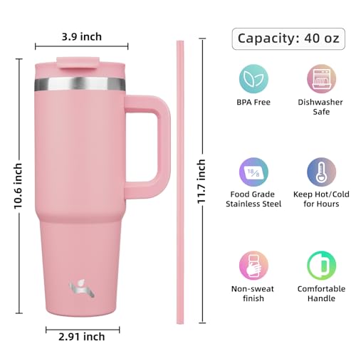 Image of Konokyo 40 oz Insulated Tumbler Water Bottle with Handle, Straw Lid | BPA-free and dishwasher safe; made for gym, travel, coffee and gifting, 2 straws, cup holder friendly,Pink