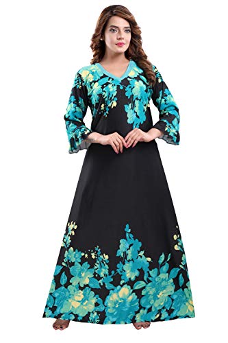 Image of Fabme Women's Crepe Printed Flare Nighty with Long Sleeves /Night Gown /Nightwear /Maxi