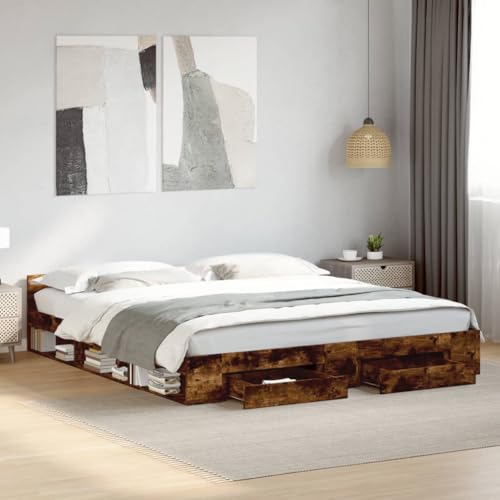 zylophax Bettgestell mit Schubladen Räuchereiche 200x200cm Holzwerkstoff, stabiles Lattenrost, großer Stauraum, modernes Familienbett, langlebiger Bettrahmen für Schlafzimmer