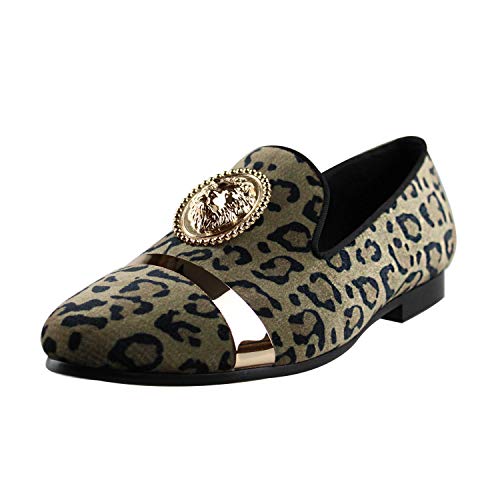 Harpelunde Mens Leopard Print Velvet Loafers Lion Emblem Slip On Dress Wedding Shoes (9)