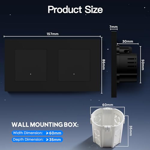 BSEED Smart WIFI Lichtschalter Unterputz, 1 Fach 1 Weg + 1 Fach 1 Weg, Wlan Wandschalter mit PC Rahmen, Intelligente Taster Schalter kompatibel mit Alexa/Google Home/Tuya/Smart Life, Schwarz