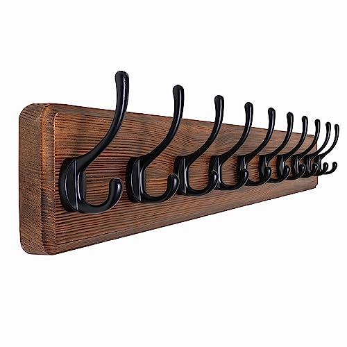 Image of SKOLOO Farmhouse Style Wall Mounted Coat Rack, 38.6'' Pine Solid Wood Coat Hook Hanger - 10 Hooks for Hanging Clothes Robes Towels Coats