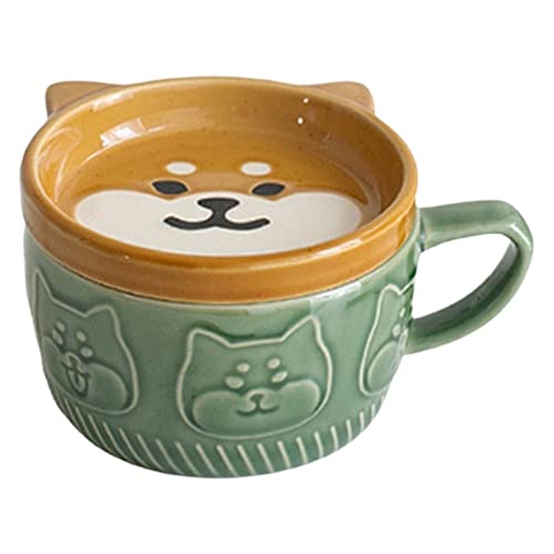 Liseng Japanische Süße Tasse Kreative Keramik Shiba Inu Panda Kaffeetasse mit Deckel Zuhause Paar Milch Frühstückestasse Wassertass (Grün)