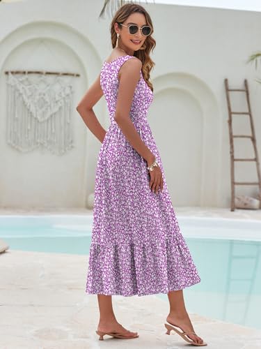 Image of AUSELILY Womens Summer Maxi Dress Casual Sleeveless V Neck Floral Dresses | A line shape with practical side pockets, Vacation dress for resort walks, Pair with low heels and simple jewelry