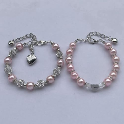 Image of DOLON 2 Pcs Imitation Pink Pearls Crystal Beads Heart Charm Bracelets Gift for Granddaughter,Sister,Daughter with Graduation Birthday Christmas First Day Wish Card