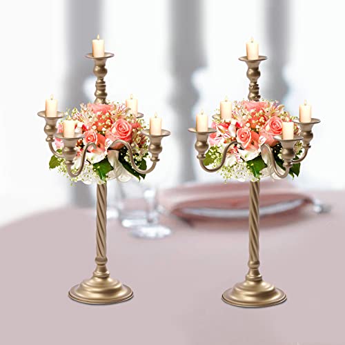 2 Pack Gold Candelabra Tall Candlestick, Candle and Floral Metal Candle Holders, Candle Holders Table Centerpiece, Metal Candle Holders Table Centerpiece for Wedding Party Event Room
