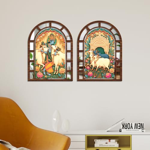 Image of Artvibes Shri Krishna with Cows & Floral Theme Artistic Wall Decor | Decorative Wall Jharokha Mirror for Living Room, Bedroom, Hall, Pooja Room, Lobby & Dining Space | Gift (WHJ 12036N), Set of 2