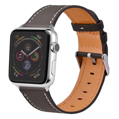 Anbeer Genuine Leather Watch Band Compatible with Apple Watch Band 41mm 40mm 38mm Men and Women, Slim Leather Replacement Wristband for iWatch all Series