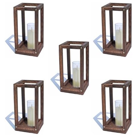 LULUKO Wooden Lanterns for Wedding Centerpieces 5Sets Table Lanterns for Centerpieces 10PCs (5wood Lanterns+5candles) Wedding Lanterns Cover