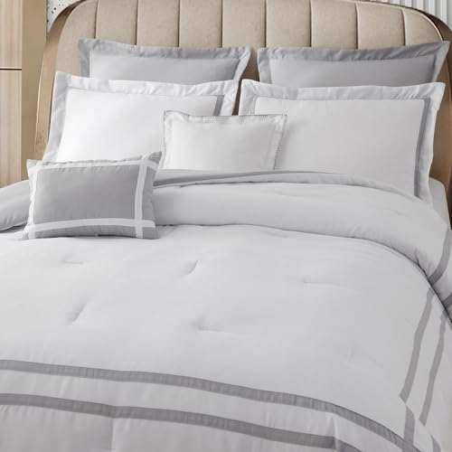 SHALALA White Lightweight Comforter Queen Size,8-Piece Hotel Queen Comforter Bedding Sets with Matching Bed Skirt, Pillow Shams, Decorative Pillows,Thin Comforter Bed Sets for All Seasons