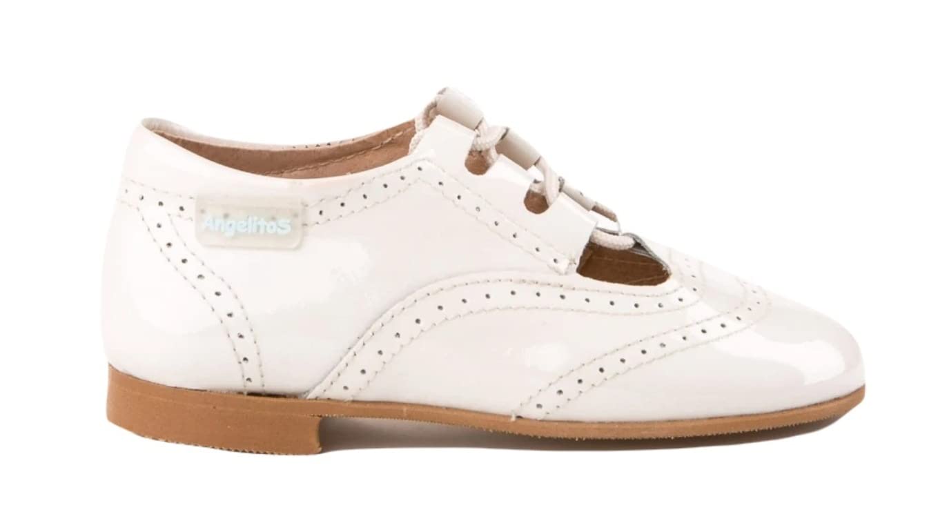 Angelitos 1506 - Zapatos inglesito infantil niño charol blanco con cordones (26)