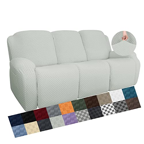 Image of YEMYHOM 8 Pieces Stretch Recliner Sofa Cover Jacquard Reclining Couch Cover with Side Pocket Anti-Slip Fitted 3 Cushion Furniture Slipcovers with Elastic Bottom (Sofa Recliner, Ivory)
