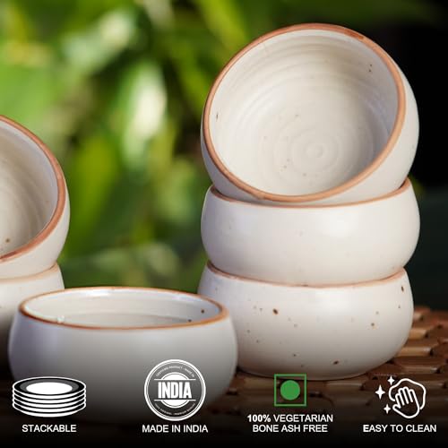 Image of Freakway Hand-Painted Cream White Matte Finish Ceramic Small Bowl Set of 4 (150ml) | Small Serving Soup Bowls, Cereal Bowl, Pasta Bowls | Dishwasher & Microwave Safe - Off White
