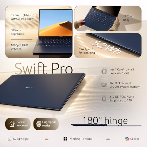 Image of Acer Swift Pro AI PC,Intel Core Ultra 5 Processor 125H,Office 2024 + M365 Basic,16GB LPDDR5 RAM /512 SSD, 35.56cm /14 inch WUXGA IPS Display, Win 11Home,Blue,1.2Kg,SFP14-55,BL Keyboard,Thin & Light Laptop