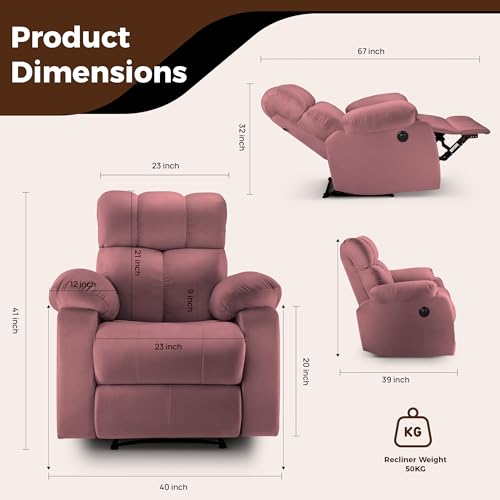 Image of Little NAP Helios Soft Suede Fabric Single Motorized Standard Recliner | Padded 1 Seater Aaram Sofa | Relaxing Chair for Home Office Living Bed Room | Dusty Mauve