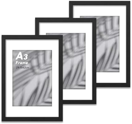YONGHUO Bilderrahmen A3, 3 Stück MDF Holz Bilderrahmen Din A3, 29,7 x 42 cm, mit Acrylglas und Wandhaken, für Wandmontage, Schwarz