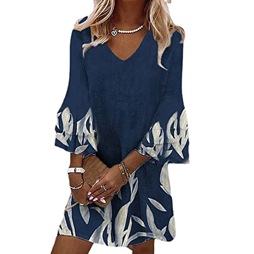 Women's Summer Marble Floral Print Dress 3/4 Tiered Bell Sleeve Mini Shift Dresses Casual V Neck Loose Elegant Sundress #TOP4