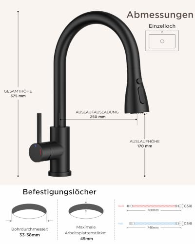 FORIOUS Wasserhahn Küche, Küchenarmatur mit Herausziehbarer Brause Ausziehbar Armatur, Mischbatterie Spültischarmatur, 360° Schwenkbar, Mehrere Strahlarten, Matt Schwarz, Niederdruck