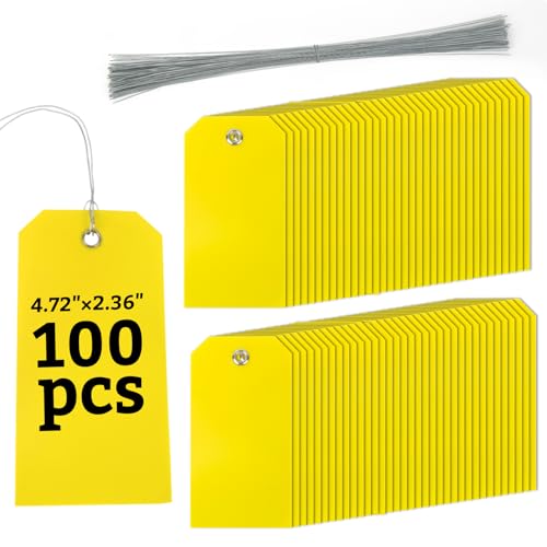 RAINFLOW Shipping Tags with Wire â€“ Plastic Hang Shipping Tags for Labeling,Waterproof Blank Tags,Wire Labels with String,100 Pack,2.36 x 4.72 Inch for Inventory,Price Tags,Garage,Luggage Shipping Use
