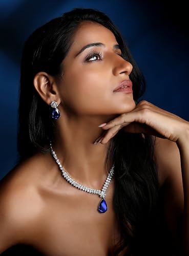 Image of ASMITTA Jewellery American Diamond Necklace Set Rhodium Plated Choker Necklace with Earrings for Weddings, Parties & Festivals
