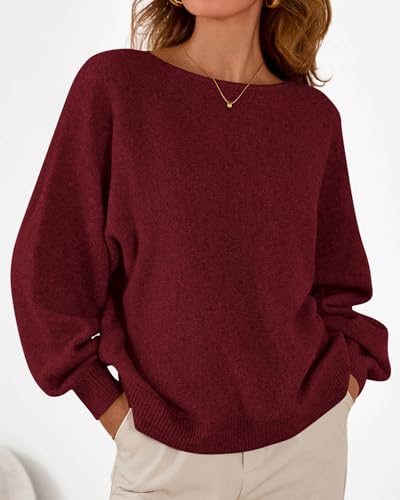 KIRUNDO Boat Neck Sweaters for Women Slouchy Oversized Knit Top,Burgundy,L - image 6