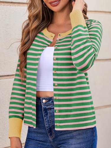Saodimallsu Womens Striped Cardigan Sweaters Button Down Lightweight Color Block Crewneck Long Sleeve Knit Fall Cardigan4