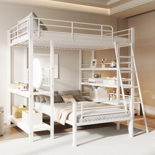 Litera con estructura de metal, 140 x 200, cama multifunción con varios estantes, color blanco