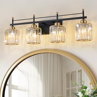 SineRise Modern Bathroom Vanity Light 4-Lights, Crystal Bathroom Vanity Light Over Mirror Vanity Lights Restroom Light Fixtures,Black Gold Bath Wall Sconce Lighting for Bathroom