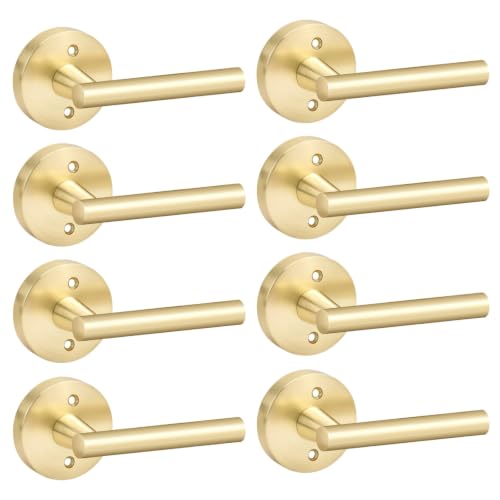 Image of Goldenwarm 8 Pieces Gold Dummy Door Handle, Non-Turning Brushed Gold Door Handles for Bifold Closet Doors, Single Side Lever Heavy Duty Round Modern Door Handle