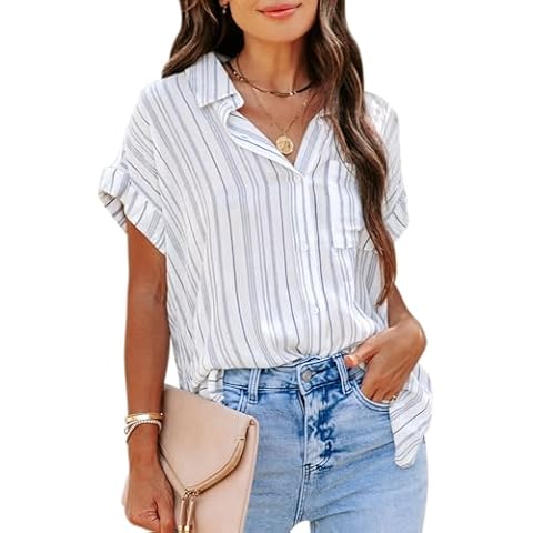 Aoudery Womens Button Down Shirts Short Sleeve Summer Linen V Neck Collared Stripes Casual Blouses Tops with Pocket-White&Blue_Stripes M Cover