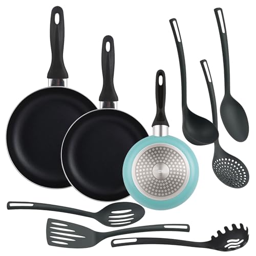 Well Home Set de 3 Sartenes Ø16Ø20Ø24cm de Aluminio prensado en Azul mate + 6 Utensilios de cocina en PBT color Negro