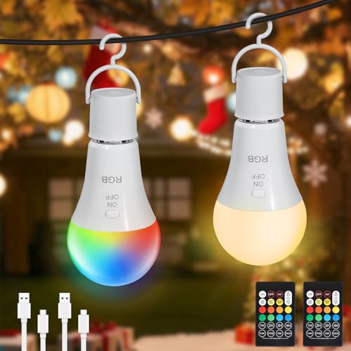 Dehobo Glühbirne Mit Fernbedienung E27 Aufladbare Glühbirne - 7W Leuchtmittel Mit Batterie Camping Lampe RGB Dimmbare - Akku Lampen Mit Timing Funktion für Weihnachten, Outdoor Lampe 2 Pack