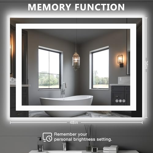 Image of NEWBULIG 48 inchx 36 inch LED Bathroom Mirror with Lights, Anti-Fog | Lighted Bathroom Vanity Mirror for Wall, Memory Function, Dimmable, Tempered Glass, Shatter-Proof