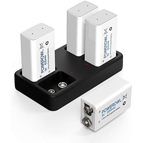POWEROWL 9V Rechargeable Batteries with Charger (USB High-Speed Charging), 4 Pack of 600mAh Lithium-ion Battery for Smoke Dectector and More Cover